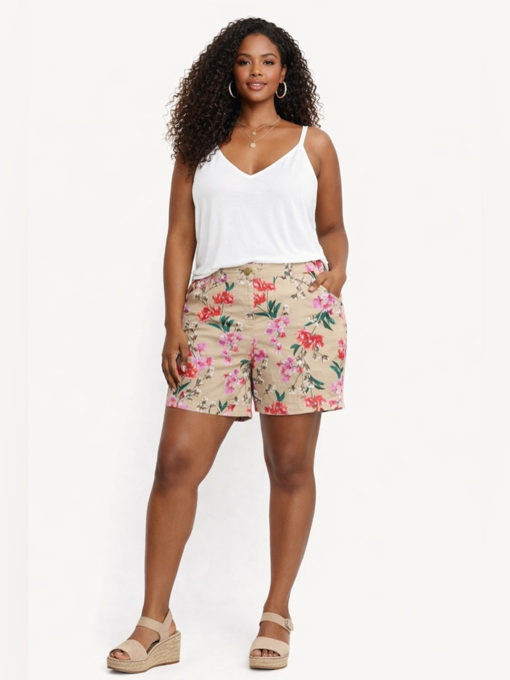 Lands’ End Floral Shorts 20W Plus Size Tan Pink Summer Casual Stretch